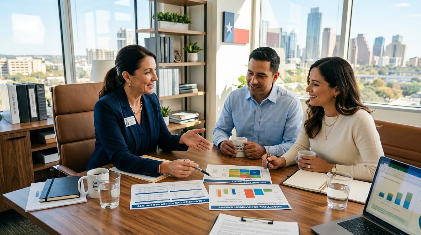 Texas insurance advisor conducting policy contract audit and comparison review with clients