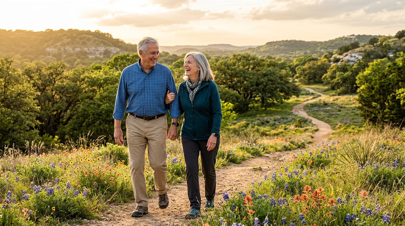 Active Texas senior couple enjoying outdoor activity with Medicare peace of mind in the Texas Hill Country