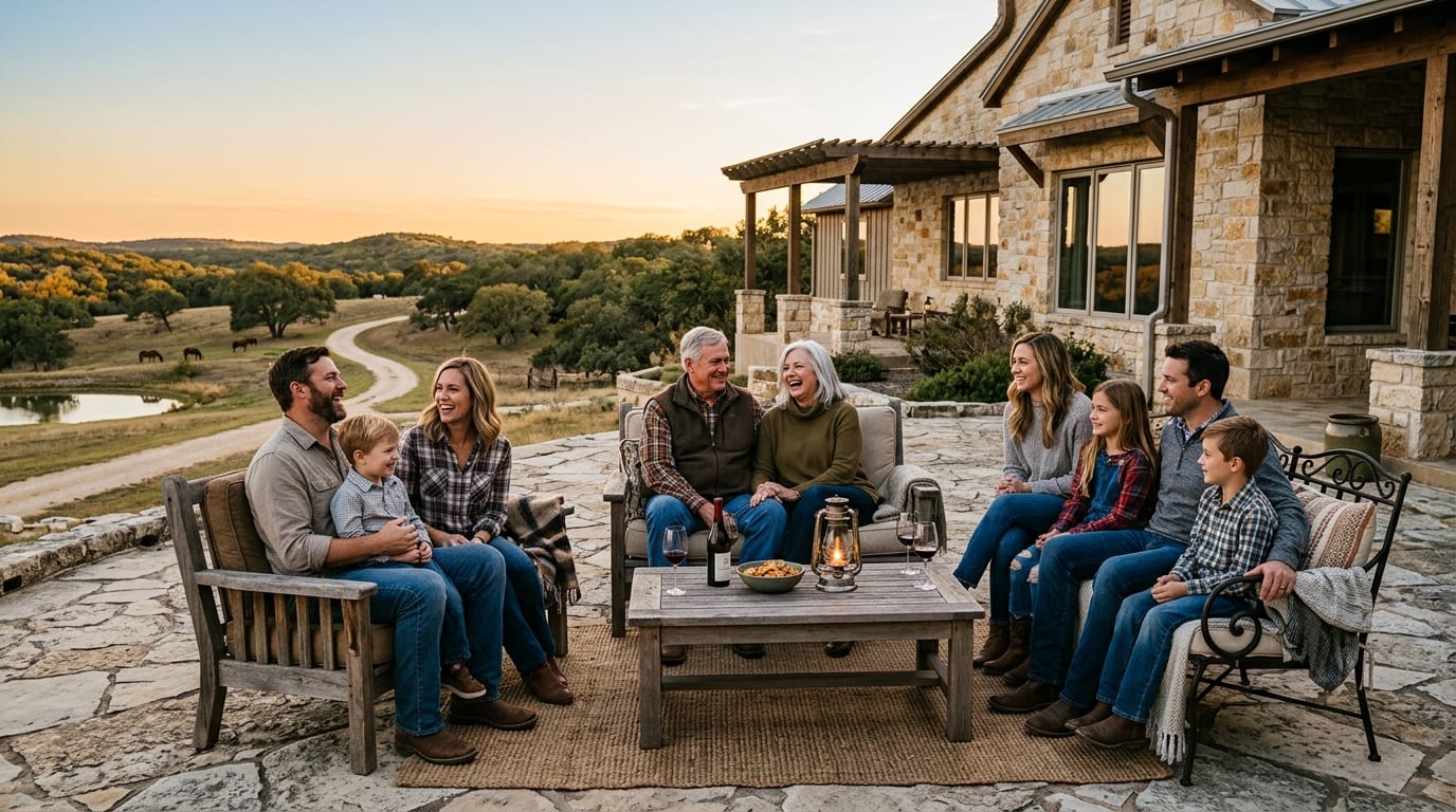 Multi-generational Texas family enjoying peace of mind and retirement security on Hill Country ranch estate